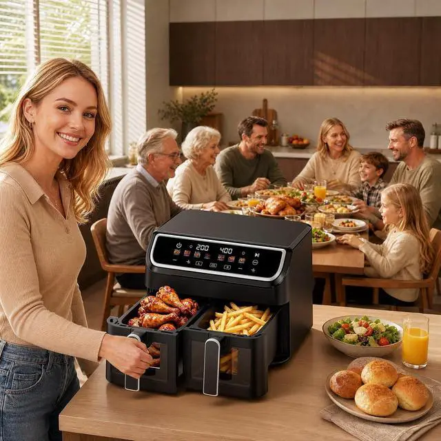 Alt view image 4 of 7 - 10QT Air Fryer Dual Basket, SYNC Match Cook, Independent Dual Controls, 7 Food Presets, Roasting, Baking, Reheating, 1700W LED Color Display