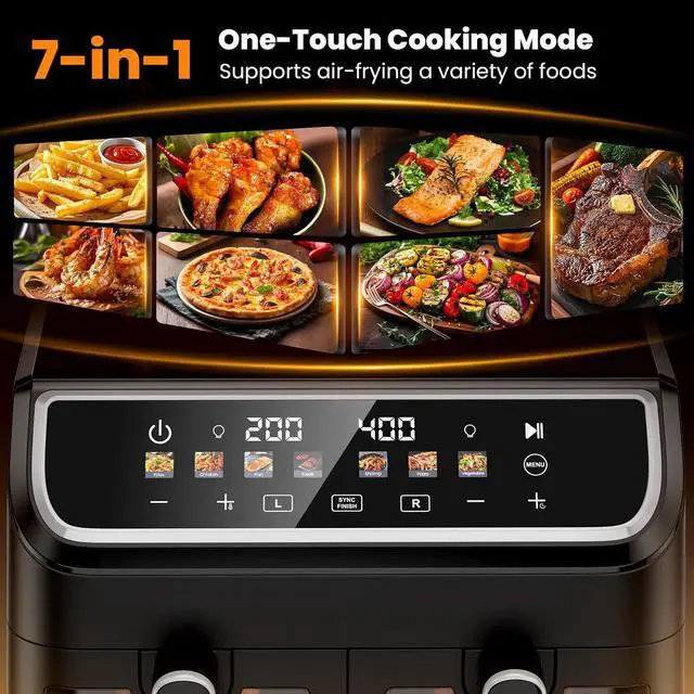 Alt view image 5 of 7 - 10QT Air Fryer Dual Basket, SYNC Match Cook, Independent Dual Controls, 7 Food Presets, Roasting, Baking, Reheating, 1700W LED Color Display