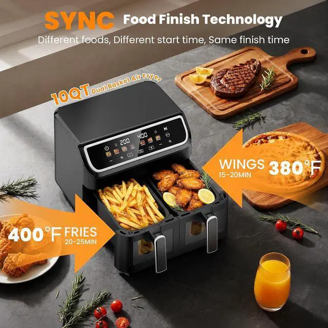 Alt view image 3 of 7 - 10QT Air Fryer Dual Basket, SYNC Match Cook, Independent Dual Controls, 7 Food Presets, Roasting, Baking, Reheating, 1700W LED Color Display