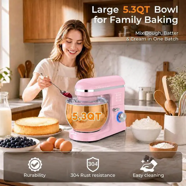 Alt view image 3 of 7 - Stand Mixer, 5.3QT Stainless Steel Mixing Bowl + Extra 3.5QT Bowl, 10-Speed Electric Kitchen Mixer with Dough Hook, Beater & Whisk, Tilt-Head Food Mixer for Bread Dough, Cakes, Cookies & Baking,Pink