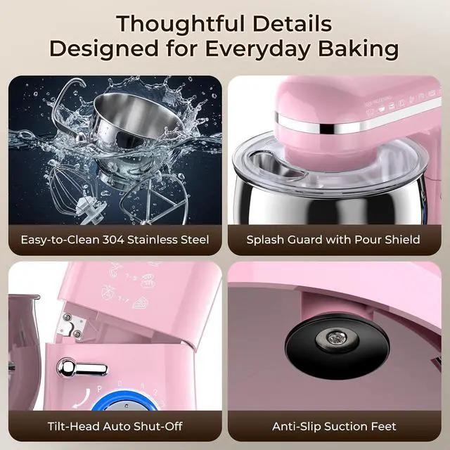 Alt view image 4 of 7 - Stand Mixer, 5.3QT Stainless Steel Mixing Bowl + Extra 3.5QT Bowl, 10-Speed Electric Kitchen Mixer with Dough Hook, Beater & Whisk, Tilt-Head Food Mixer for Bread Dough, Cakes, Cookies & Baking,Pink