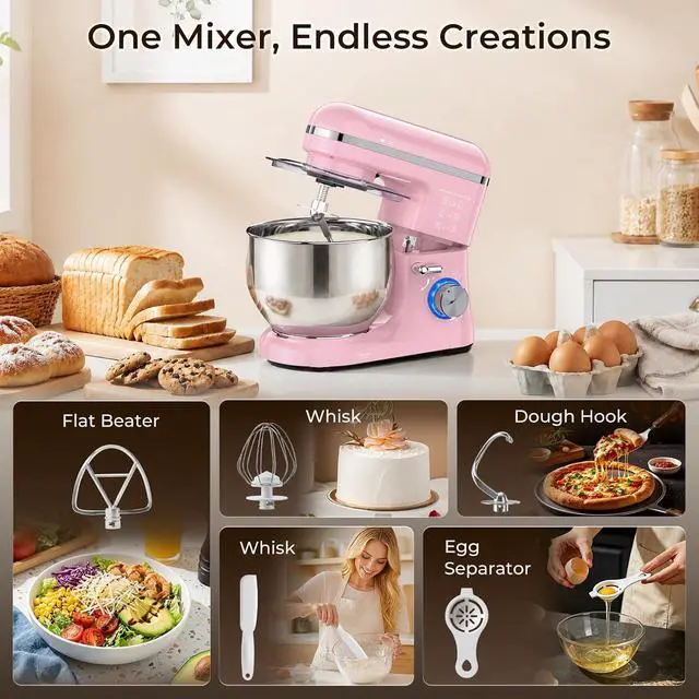 Alt view image 6 of 7 - Stand Mixer, 5.3QT Stainless Steel Mixing Bowl + Extra 3.5QT Bowl, 10-Speed Electric Kitchen Mixer with Dough Hook, Beater & Whisk, Tilt-Head Food Mixer for Bread Dough, Cakes, Cookies & Baking,Pink