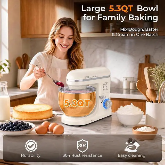 Alt view image 3 of 7 - Stand Mixer, 5.3QT Tilt-Head Kitchen Mixer with Stainless Steel Bowl, 10 Speeds, Dough Hook, Beater & Whisk for Bread Dough, Cakes & Cookies
