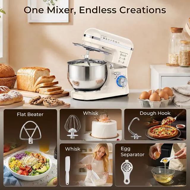 Alt view image 6 of 7 - Stand Mixer, 5.3QT Tilt-Head Kitchen Mixer with Stainless Steel Bowl, 10 Speeds, Dough Hook, Beater & Whisk for Bread Dough, Cakes & Cookies