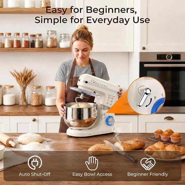 Alt view image 7 of 7 - Stand Mixer, 5.3QT Tilt-Head Kitchen Mixer with Stainless Steel Bowl, 10 Speeds, Dough Hook, Beater & Whisk for Bread Dough, Cakes & Cookies