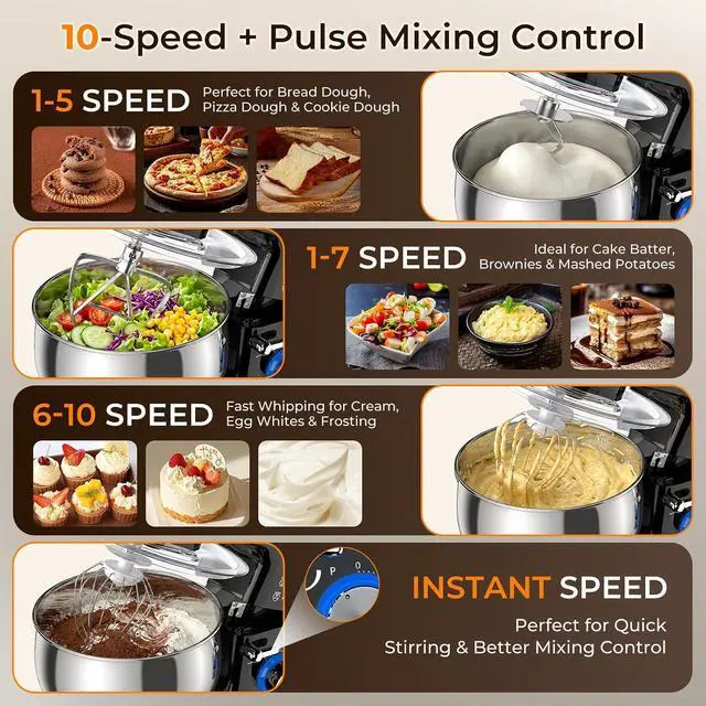 Alt view image 2 of 7 - Stand Mixer, 5.3QT Stainless Steel Bowl, 10-Speed, Black | Extra 3.5QT Bowl, Dough Hook, Beater & Whisk, Tilt-Head, For Bread Dough, Cakes, Cookies & Baking