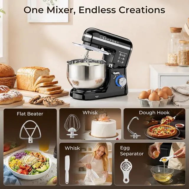 Alt view image 6 of 7 - Stand Mixer, 5.3QT Stainless Steel Bowl, 10-Speed, Black | Extra 3.5QT Bowl, Dough Hook, Beater & Whisk, Tilt-Head, For Bread Dough, Cakes, Cookies & Baking
