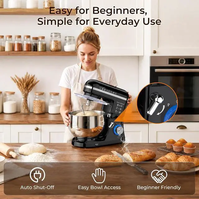Alt view image 7 of 7 - Stand Mixer, 5.3QT Stainless Steel Bowl, 10-Speed, Black | Extra 3.5QT Bowl, Dough Hook, Beater & Whisk, Tilt-Head, For Bread Dough, Cakes, Cookies & Baking
