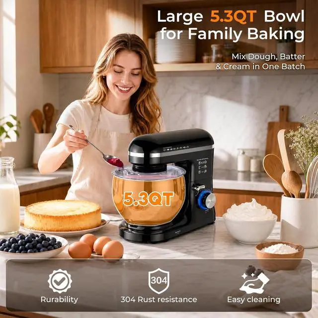 Alt view image 3 of 7 - Stand Mixer, 5.3QT Stainless Steel Bowl, 10-Speed, Black | Extra 3.5QT Bowl, Dough Hook, Beater & Whisk, Tilt-Head, For Bread Dough, Cakes, Cookies & Baking