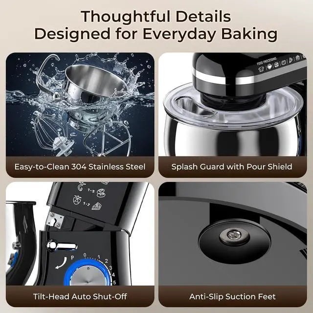 Alt view image 4 of 7 - Stand Mixer, 5.3QT Stainless Steel Bowl, 10-Speed, Black | Extra 3.5QT Bowl, Dough Hook, Beater & Whisk, Tilt-Head, For Bread Dough, Cakes, Cookies & Baking