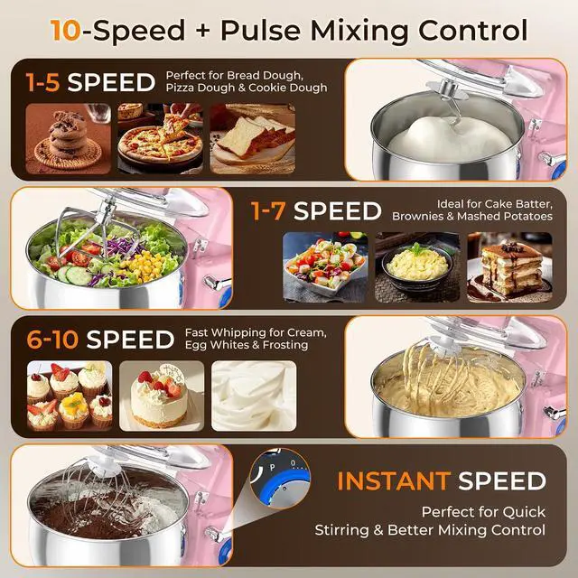 Alt view image 2 of 7 - Stand Mixer, 5.3QT Stainless Steel Mixing Bowl + Extra 3.5QT Bowl, 10-Speed Electric Kitchen Mixer with Dough Hook, Beater & Whisk, Tilt-Head Food Mixer for Bread Dough, Cakes, Cookies & Baking,Pink