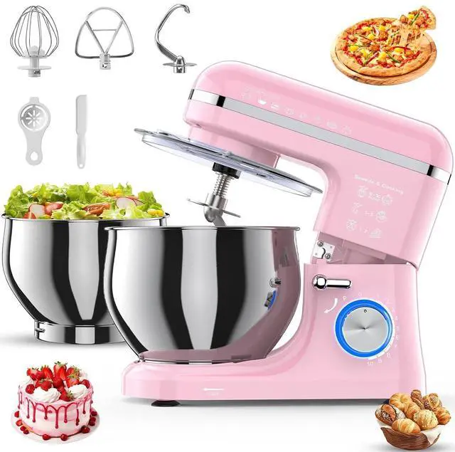 Main image of Stand Mixer, 5.3QT Stainless Steel Mixing Bowl + Extra 3.5QT Bowl, 10-Speed Electric Kitchen Mixer with Dough Hook, Beater & Whisk, Tilt-Head Food Mixer for Bread Dough, Cakes, Cookies & Baking,Pink