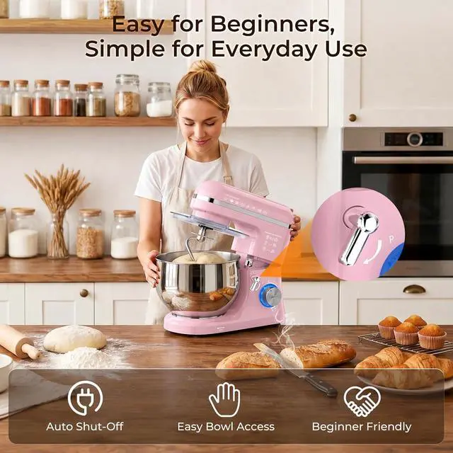 Alt view image 4 of 7 - Stand Mixer, 5.3QT Stainless Steel Mixing Bowl + Extra 3.5QT Bowl, 10-Speed Electric Kitchen Mixer with Dough Hook, Beater & Whisk, Tilt-Head Food Mixer for Bread Dough, Cakes, Cookies & Baking,Pink