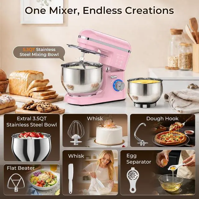 Alt view image 6 of 7 - Stand Mixer, 5.3QT Stainless Steel Mixing Bowl + Extra 3.5QT Bowl, 10-Speed Electric Kitchen Mixer with Dough Hook, Beater & Whisk, Tilt-Head Food Mixer for Bread Dough, Cakes, Cookies & Baking,Pink