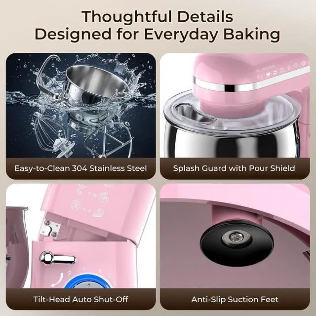 Alt view image 7 of 7 - Stand Mixer, 5.3QT Stainless Steel Mixing Bowl + Extra 3.5QT Bowl, 10-Speed Electric Kitchen Mixer with Dough Hook, Beater & Whisk, Tilt-Head Food Mixer for Bread Dough, Cakes, Cookies & Baking,Pink