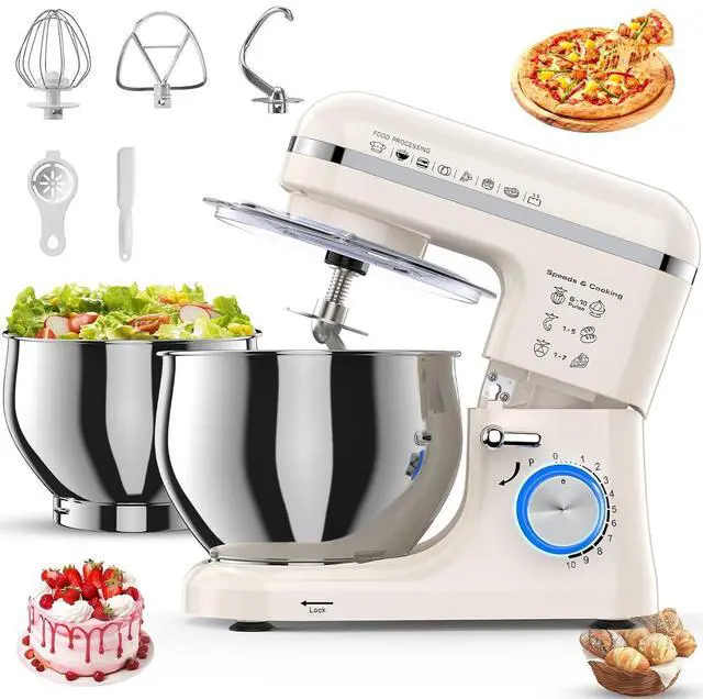 Main image of Stand Mixer, White, 5.3QT + 3.5QT Bowls, 10-Speed Electric | Stainless Steel Mixing Bowl, Dough Hook, Beater & Whisk, Tilt-Head, For Bread Dough, Cakes, Cookies & Baking