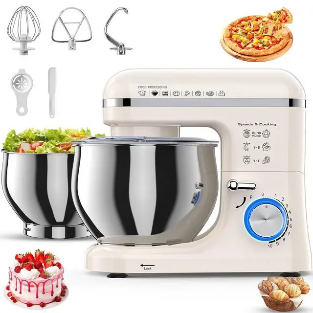 Alt view image 2 of 7 - Stand Mixer, White, 5.3QT + 3.5QT Bowls, 10-Speed Electric | Stainless Steel Mixing Bowl, Dough Hook, Beater & Whisk, Tilt-Head, For Bread Dough, Cakes, Cookies & Baking
