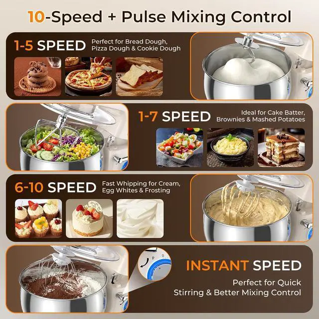 Alt view image 3 of 7 - Stand Mixer, White, 5.3QT + 3.5QT Bowls, 10-Speed Electric | Stainless Steel Mixing Bowl, Dough Hook, Beater & Whisk, Tilt-Head, For Bread Dough, Cakes, Cookies & Baking