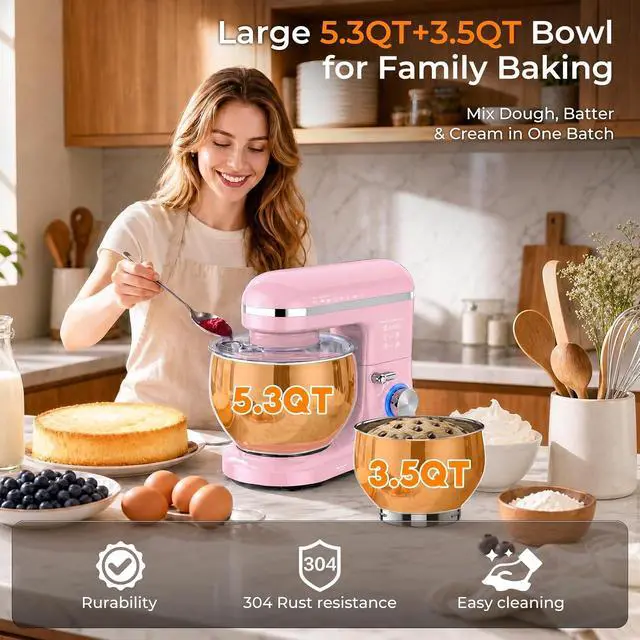 Alt view image 3 of 7 - Stand Mixer, 5.3QT Stainless Steel Mixing Bowl + Extra 3.5QT Bowl, 10-Speed Electric Kitchen Mixer with Dough Hook, Beater & Whisk, Tilt-Head Food Mixer for Bread Dough, Cakes, Cookies & Baking,Pink