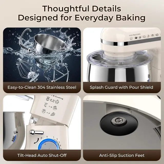 Alt view image 4 of 7 - Stand Mixer, 5.3QT Tilt-Head Kitchen Mixer with Stainless Steel Bowl, 10 Speeds, Dough Hook, Beater & Whisk for Bread Dough, Cakes & Cookies