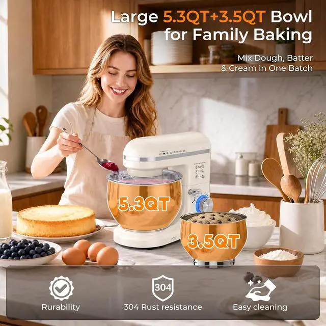 Alt view image 4 of 7 - Stand Mixer, White, 5.3QT + 3.5QT Bowls, 10-Speed Electric | Stainless Steel Mixing Bowl, Dough Hook, Beater & Whisk, Tilt-Head, For Bread Dough, Cakes, Cookies & Baking