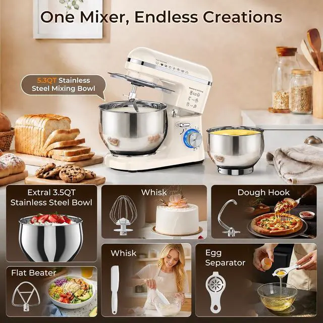Alt view image 7 of 7 - Stand Mixer, White, 5.3QT + 3.5QT Bowls, 10-Speed Electric | Stainless Steel Mixing Bowl, Dough Hook, Beater & Whisk, Tilt-Head, For Bread Dough, Cakes, Cookies & Baking