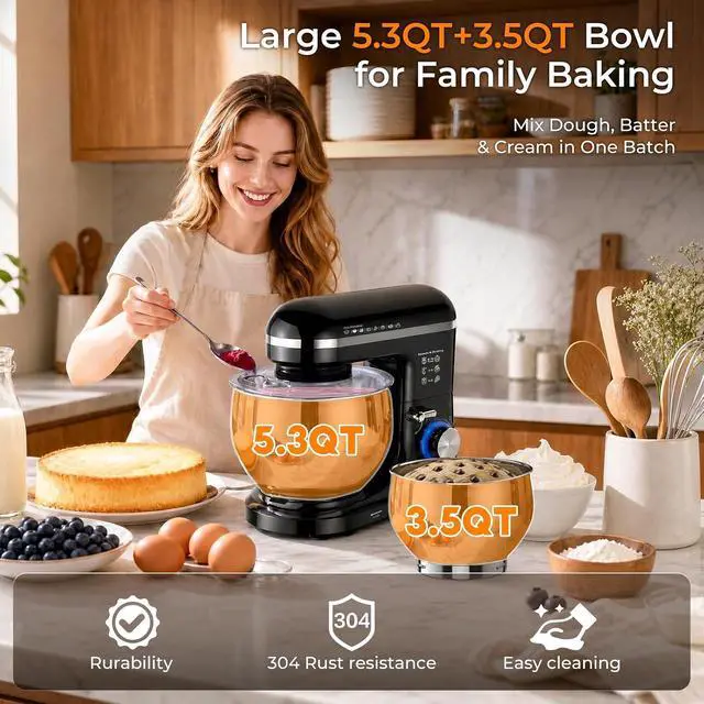 Alt view image 4 of 7 - Stand Mixer, 5.3QT Stainless Steel Bowl, 10-Speed, Black | Extra 3.5QT Bowl, Dough Hook, Beater & Whisk, Tilt-Head, For Bread Dough, Cakes, Cookies & Baking