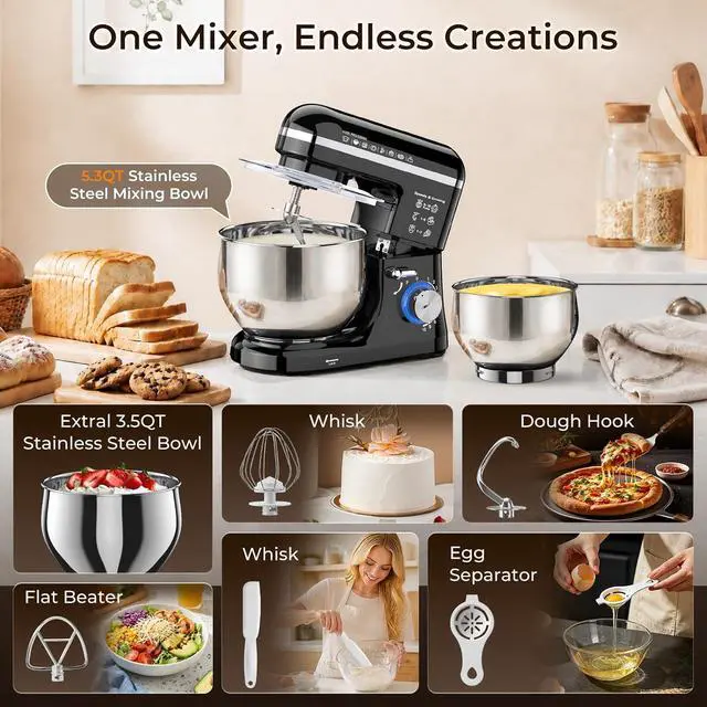 Alt view image 5 of 7 - Stand Mixer, 5.3QT Stainless Steel Bowl, 10-Speed, Black | Extra 3.5QT Bowl, Dough Hook, Beater & Whisk, Tilt-Head, For Bread Dough, Cakes, Cookies & Baking