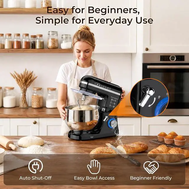 Alt view image 6 of 7 - Stand Mixer, 5.3QT Stainless Steel Bowl, 10-Speed, Black | Extra 3.5QT Bowl, Dough Hook, Beater & Whisk, Tilt-Head, For Bread Dough, Cakes, Cookies & Baking