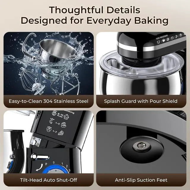 Alt view image 7 of 7 - Stand Mixer, 5.3QT Stainless Steel Bowl, 10-Speed, Black | Extra 3.5QT Bowl, Dough Hook, Beater & Whisk, Tilt-Head, For Bread Dough, Cakes, Cookies & Baking
