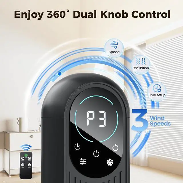 Alt view image 6 of 7 - Tower Fan For Home with Remote, 31" Bladeless Floor Fans for Home, 4 Modes & 4 Speeds, 12H Timer, LED Display, Wide Oscillating Wide Cooling for Bedroom, Office