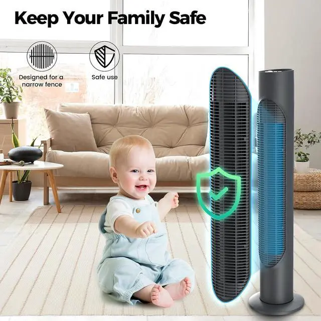 Alt view image 5 of 5 - Tower Fan, 32" Wide Oscillating Cooling Fan with 3 Speeds 3 Wind Modes,Timer,Pentatonic Button,Standing Fan for Home,Bedroom & Office