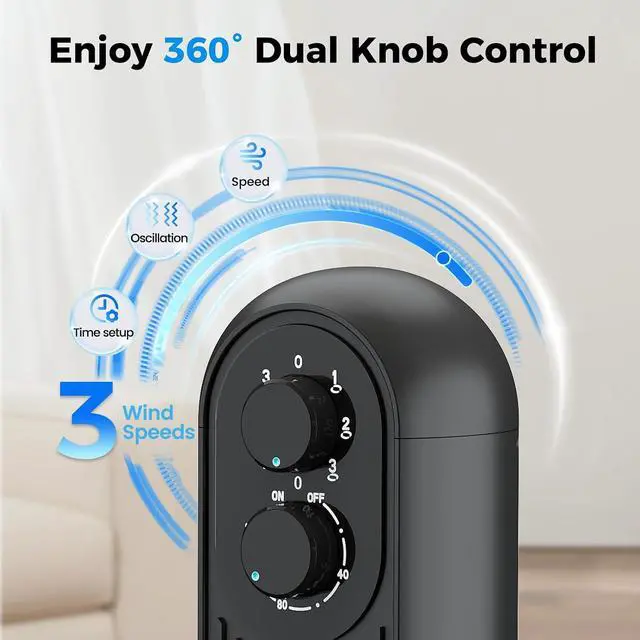 Alt view image 6 of 7 - Tower Fan, 31" Oscillating Standing Fan for Home, Floor Fan with 360° Dual Knob Control, 3 Speed, Timer Bladeless Fan for Bedroom Office