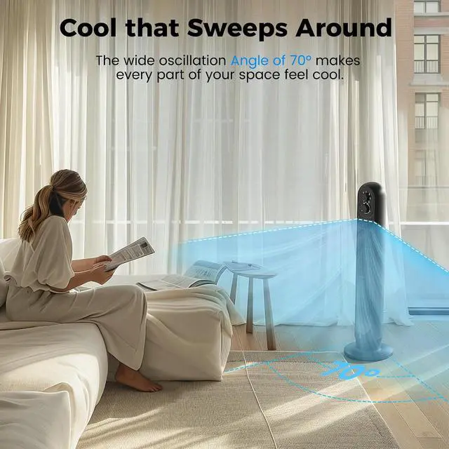 Alt view image 5 of 7 - Tower Fan, 31" Oscillating Standing Fan for Home, Floor Fan with 360° Dual Knob Control, 3 Speed, Timer Bladeless Fan for Bedroom Office