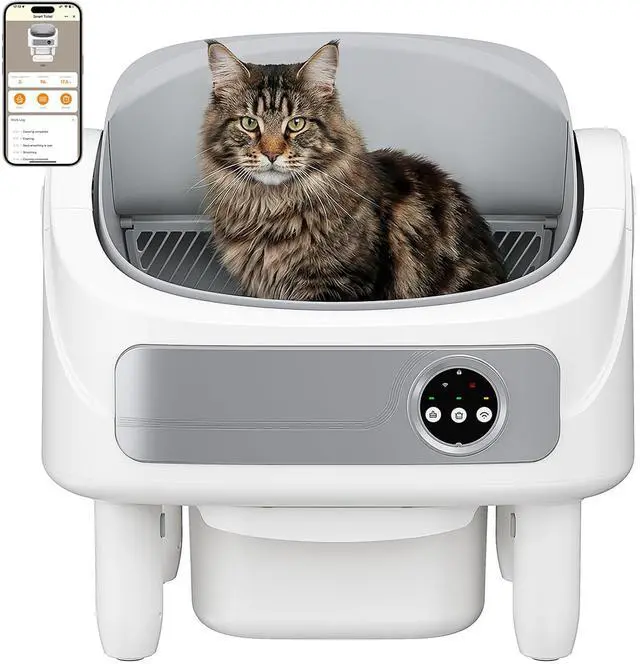 Main image of Open Top Automatic Litter Box, App Control Self-Cleaning Litter Box with Large Waste Bin for Multiple Cats, White
