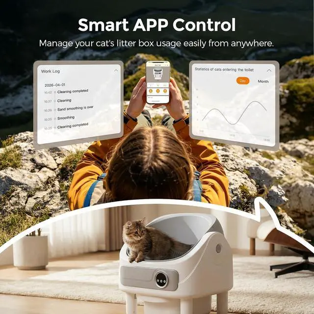Alt view image 5 of 7 - Open Top Automatic Litter Box, App Control Self-Cleaning Litter Box with Large Waste Bin for Multiple Cats, White