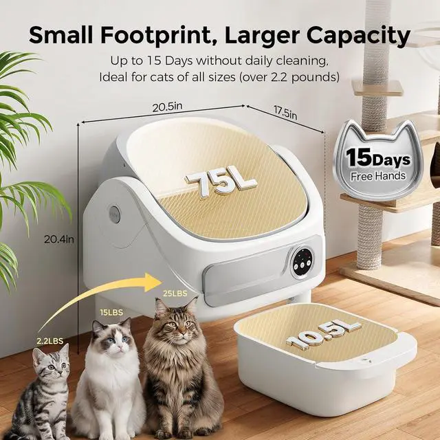 Alt view image 4 of 7 - Open Top Automatic Litter Box, App Control Self-Cleaning Litter Box with Large Waste Bin for Multiple Cats, White