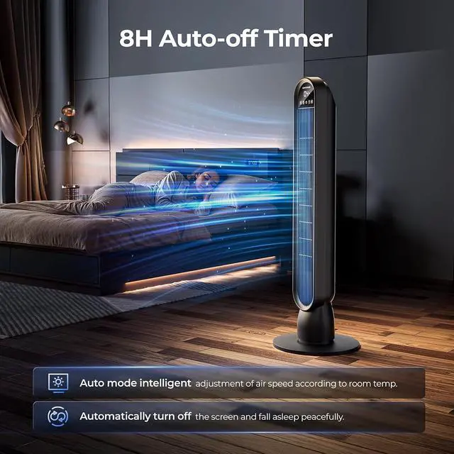 Alt view image 6 of 7 - Tower Fan for Home,36" Standing Floor Fan with Remote LED Touchscreen,Wide Oscillating Fan,Quiet Home Fan,26 ft/s High Velocity,4 Speeds,4 Modes,8H Timer