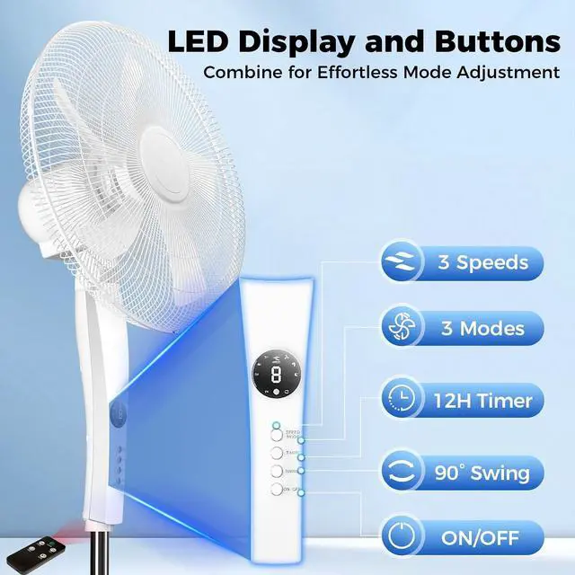 Alt view image 3 of 5 - Pedestal Fan with Remote, 3-Speed 90° Oscillating, 46"- 54" Height Adjustable, 12H Timer, 18" Floor Standing Fans for Bedroom, Living Room, Office