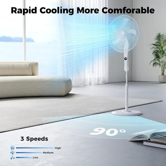 Alt view image 4 of 5 - Pedestal Fan with Remote, 3-Speed 90° Oscillating, 46"- 54" Height Adjustable, 12H Timer, 18" Floor Standing Fans for Bedroom, Living Room, Office
