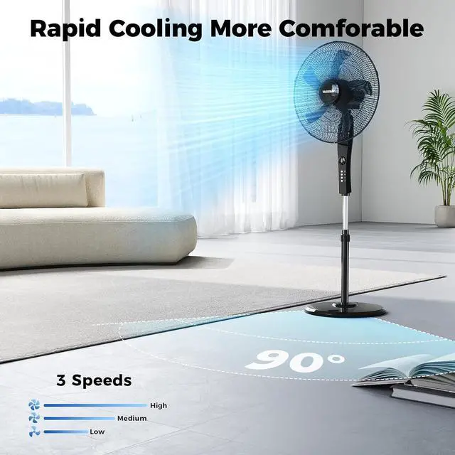 Alt view image 4 of 7 - Pedestal Fan with Remote, 3-Speed 90° Oscillating, 46"- 54" Height Adjustable, 12H Timer, 18" Floor Standing Fans for Bedroom, Living Room, Office