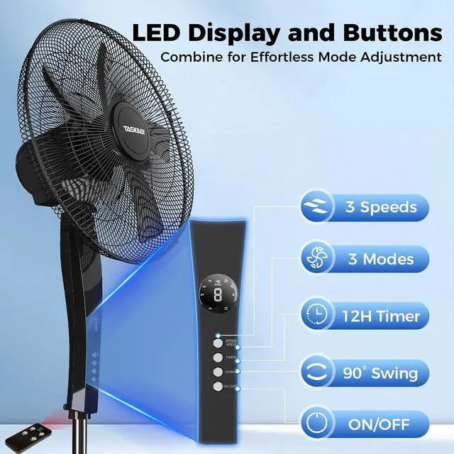 Alt view image 6 of 7 - Pedestal Fan with Remote, 3-Speed 90° Oscillating, 46"- 54" Height Adjustable, 12H Timer, 18" Floor Standing Fans for Bedroom, Living Room, Office