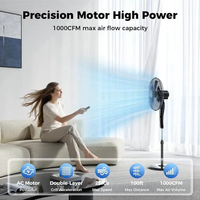 Alt view image 3 of 7 - Pedestal Fan with Remote, 3-Speed 90° Oscillating, 46"- 54" Height Adjustable, 12H Timer, 18" Floor Standing Fans for Bedroom, Living Room, Office