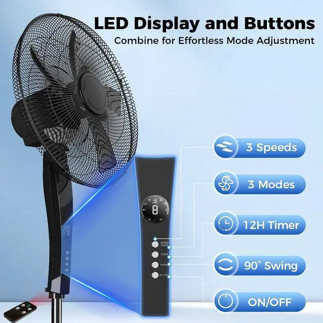 Alt view image 6 of 7 - Pedestal Fan with Remote, 3-Speed 90° Oscillating, 46"- 54" Height Adjustable, 12H Timer, 18" Floor Standing Fans for Bedroom, Living Room, Office
