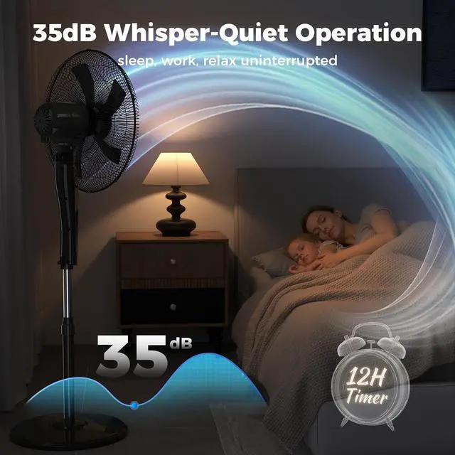 Alt view image 7 of 7 - Pedestal Fan with Remote, 3-Speed 90° Oscillating, 46"- 54" Height Adjustable, 12H Timer, 18" Floor Standing Fans for Bedroom, Living Room, Office