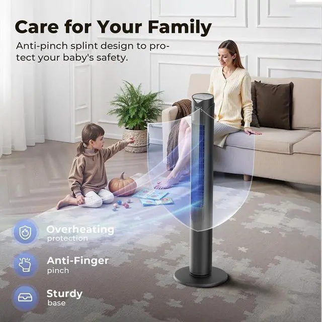 Alt view image 2 of 7 - 41" Tower Fan with Remote, 90° Oscillating Fans with 3 Speeds, 3 Modes, 26 ft/s High Velocity, LED Display, 12H Timer, For Home, Living Room, Office