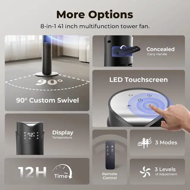 Alt view image 7 of 7 - 41" Tower Fan with Remote, 90° Oscillating Fans with 3 Speeds, 3 Modes, 26 ft/s High Velocity, LED Display, 12H Timer, For Home, Living Room, Office