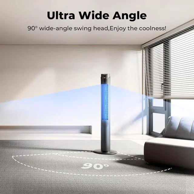 Alt view image 6 of 7 - 41" Tower Fan with Remote, 90° Oscillating Fans with 3 Speeds, 3 Modes, 26 ft/s High Velocity, LED Display, 12H Timer, For Home, Living Room, Office