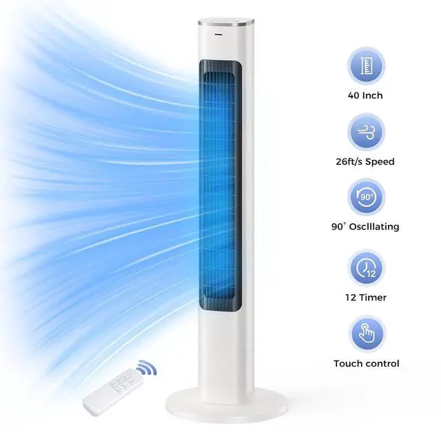 Alt view image 2 of 7 - 40" Smart Tower Fan for Bedroom, 90° Oscillating Cooling Fans with Remote,4 Speeds,26ft/s Airflow,12H Timer,28dB Quiet, Standing Floor Fan for Home