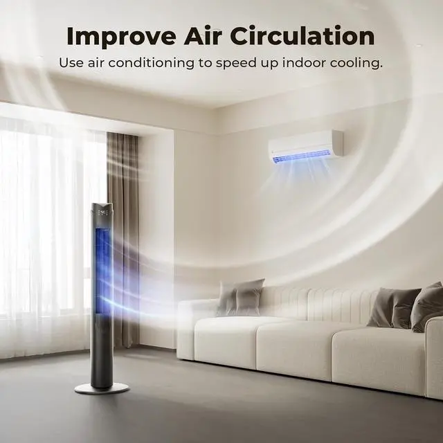Alt view image 4 of 7 - 41" Tower Fan with Remote, 90° Oscillating Fans with 3 Speeds, 3 Modes, 26 ft/s High Velocity, LED Display, 12H Timer, For Home, Living Room, Office
